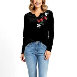 Vintage Y2K Velour Christmas Top Black Long Sleeve Embroidered Poinsettia 90s